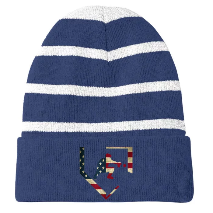 High School Baseball Catcher Gear American Flag Gift Sports Striped Beanie with Solid Band