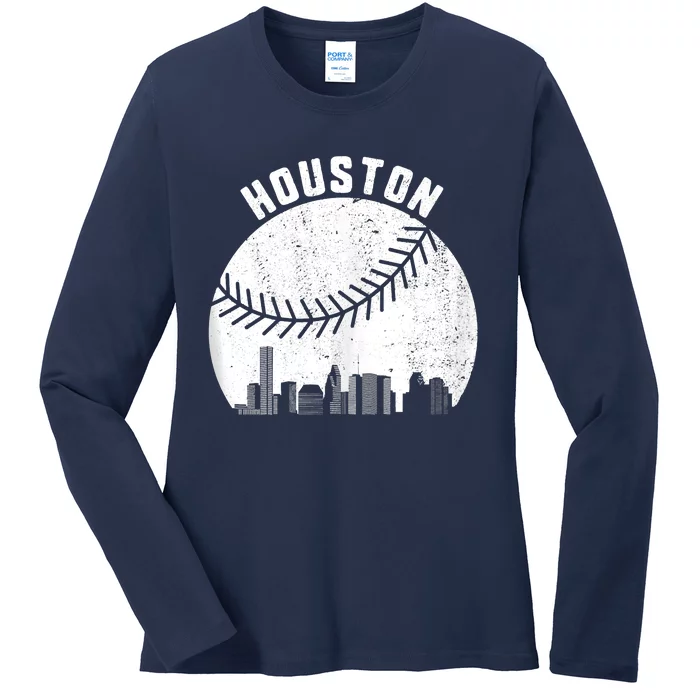 Houston Skyline Baseball Fan Vintage Texas Baseball Houston Ladies Long Sleeve Shirt