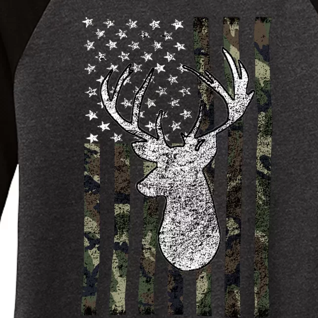 Hunting Season Buck Deer Hunting American Camouflage USA Flag Women's Tri-Blend 3/4-Sleeve Raglan Shirt