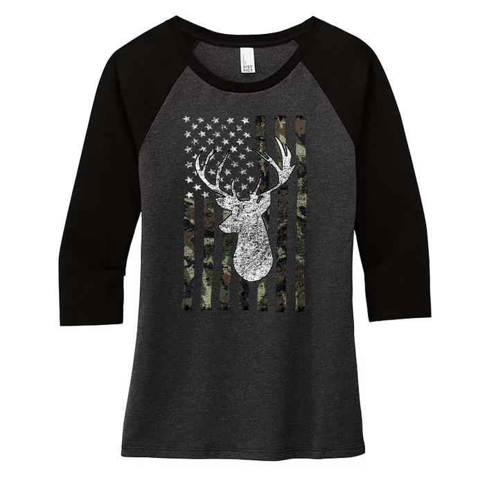 Hunting Season Buck Deer Hunting American Camouflage USA Flag Women's Tri-Blend 3/4-Sleeve Raglan Shirt