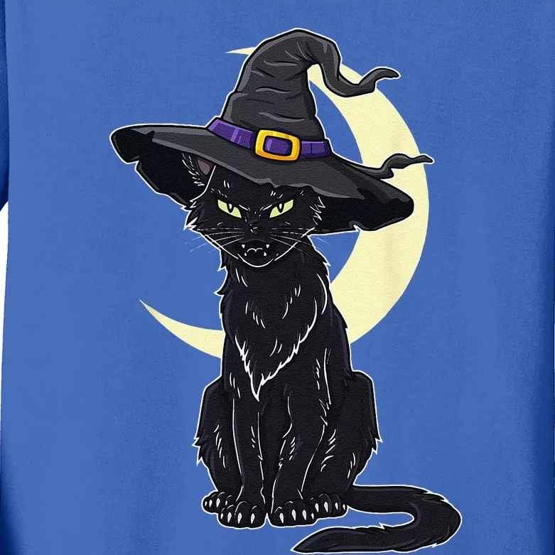 Halloween Scary Black Cat With Witch Hat Kids Long Sleeve Shirt