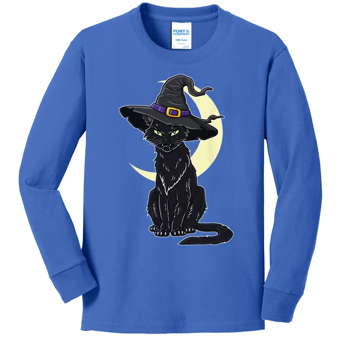 Halloween Scary Black Cat With Witch Hat Kids Long Sleeve Shirt