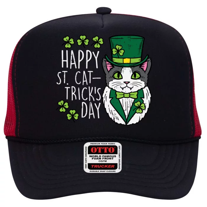 Happy St Cat Tricks Patricks Day Funny Pet Gift High Crown Mesh Trucker Hat