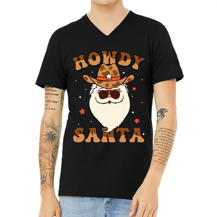 Howdy Santa Cowboy Groovy Retro Christmas Xmas V-Neck T-Shirt