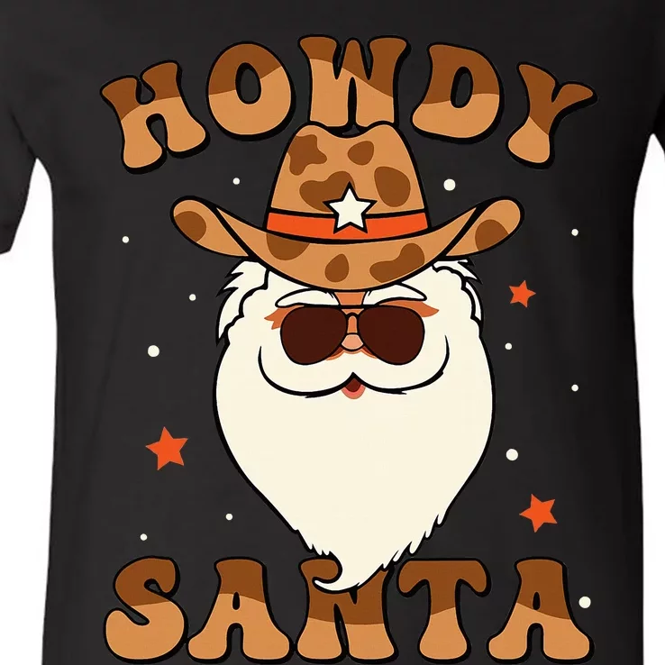 Howdy Santa Cowboy Groovy Retro Christmas Xmas V-Neck T-Shirt