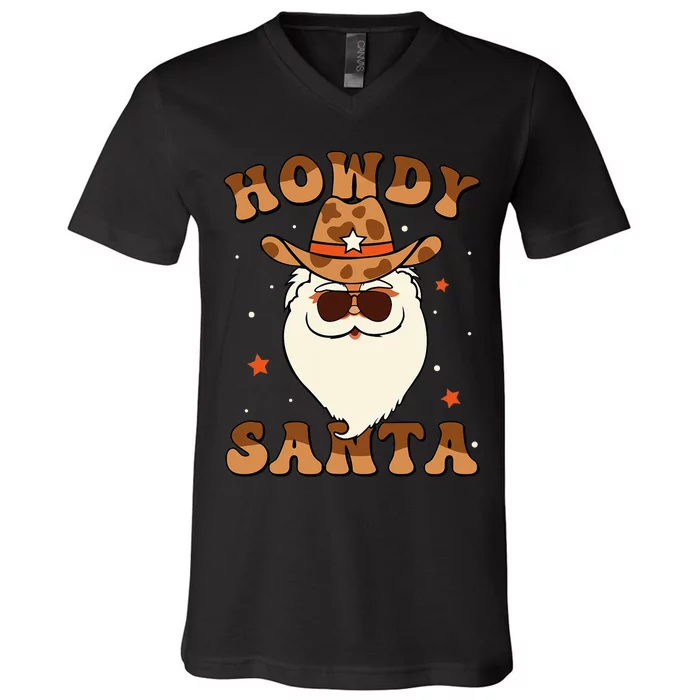 Howdy Santa Cowboy Groovy Retro Christmas Xmas V-Neck T-Shirt