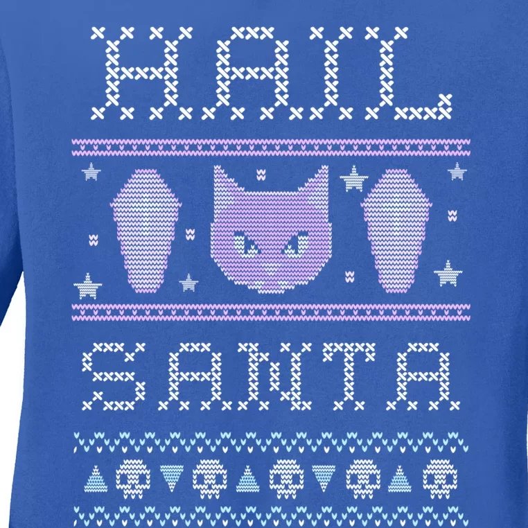 Hail Santa Creepy Cute Cat Gift Pastel Goth Ugly Christmas Funny Gift Ladies Long Sleeve Shirt