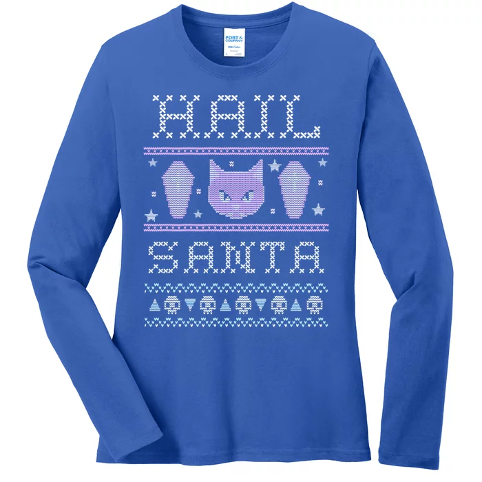 Hail Santa Creepy Cute Cat Gift Pastel Goth Ugly Christmas Funny Gift Ladies Long Sleeve Shirt