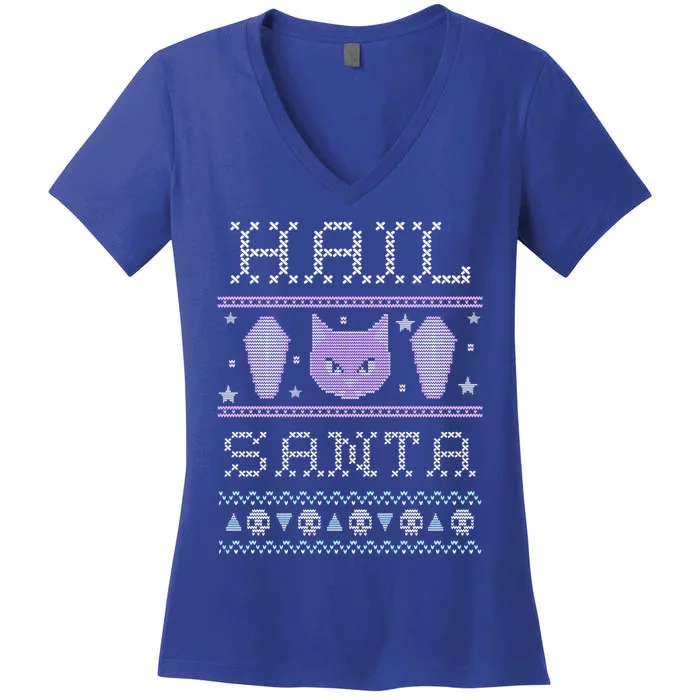 Hail Santa Creepy Cute Cat Gift Pastel Goth Ugly Christmas Funny Gift Women's V-Neck T-Shirt