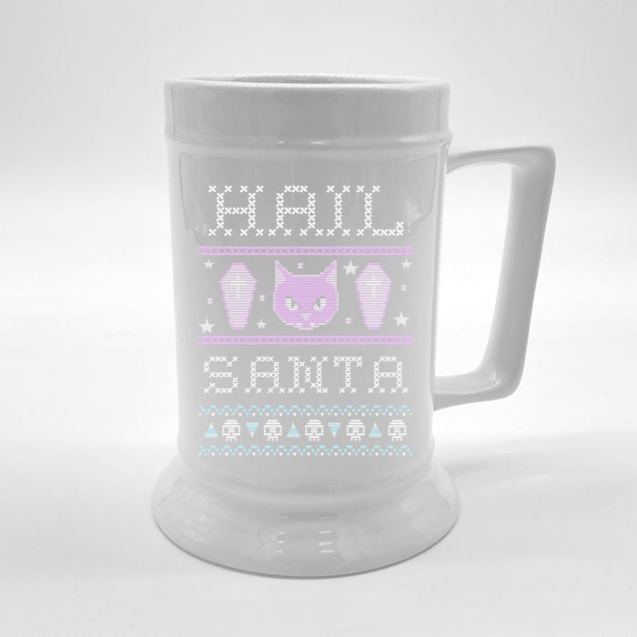 Hail Santa Creepy Cute Cat Gift Pastel Goth Ugly Christmas Funny Gift Front & Back Beer Stein