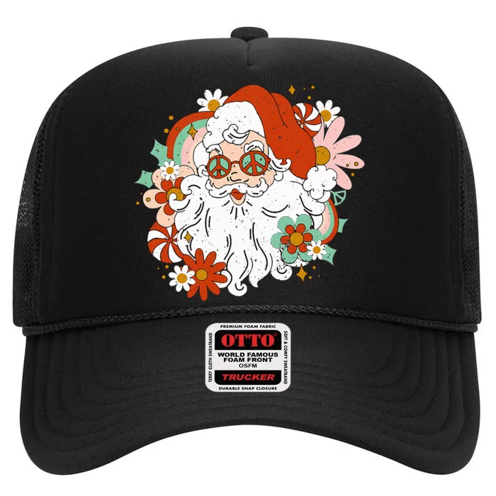 Hippie Santa Claus Floral Peace Sign Retro Christmas High Crown Mesh Trucker Hat