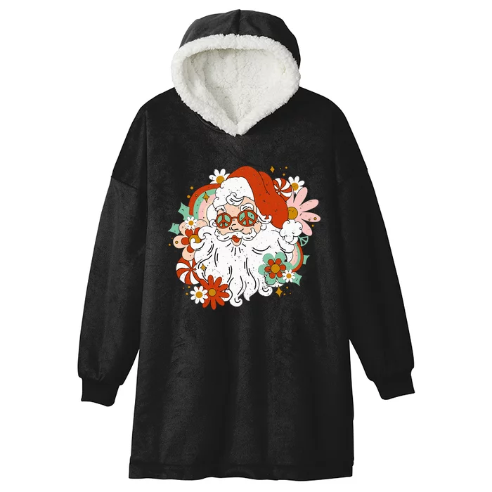 Hippie Santa Claus Floral Peace Sign Retro Christmas Hooded Wearable Blanket