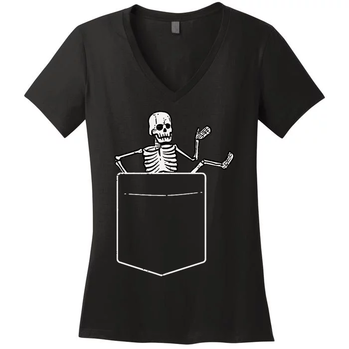 Halloween Skeleton Costume Pocket Women's V-Neck T-Shirt