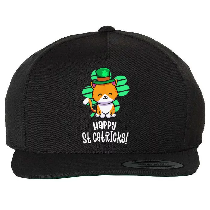 Happy St Cattys Day Catricks Funny Leprechaun Cat Shamrock Wool Snapback Cap