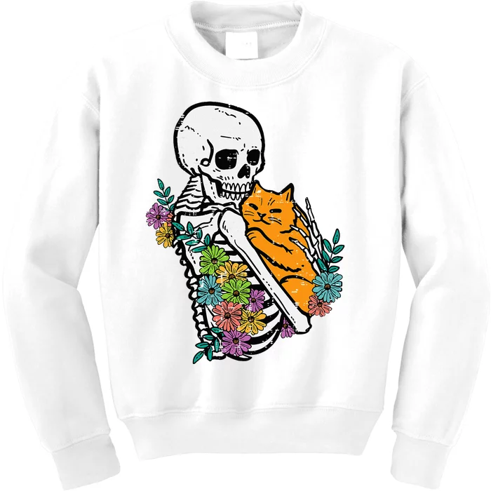 Halloween Skeleton Cat Hug Flowers Costume Kids Sweatshirt