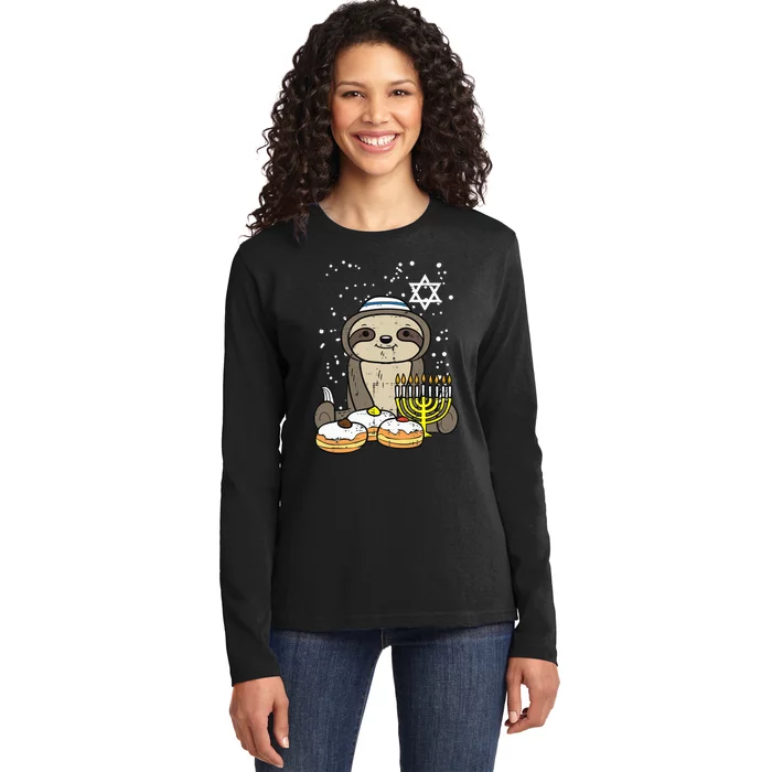 Hanukkah Sloth Chanukah Jewish Funny Christmas Ladies Long Sleeve Shirt