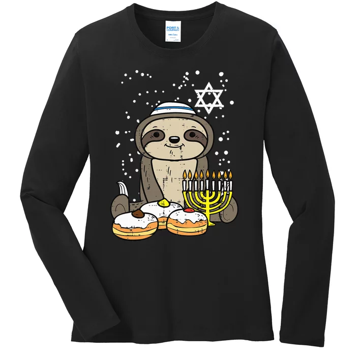 Hanukkah Sloth Chanukah Jewish Funny Christmas Ladies Long Sleeve Shirt