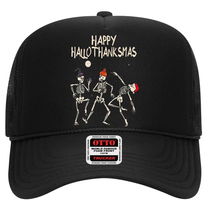 Hallothanksmas Skeleton Christmas Halloween Thanksgiving Fun High Crown Mesh Trucker Hat