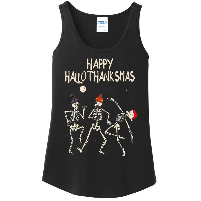 Hallothanksmas Skeleton Christmas Halloween Thanksgiving Fun Ladies Essential Tank