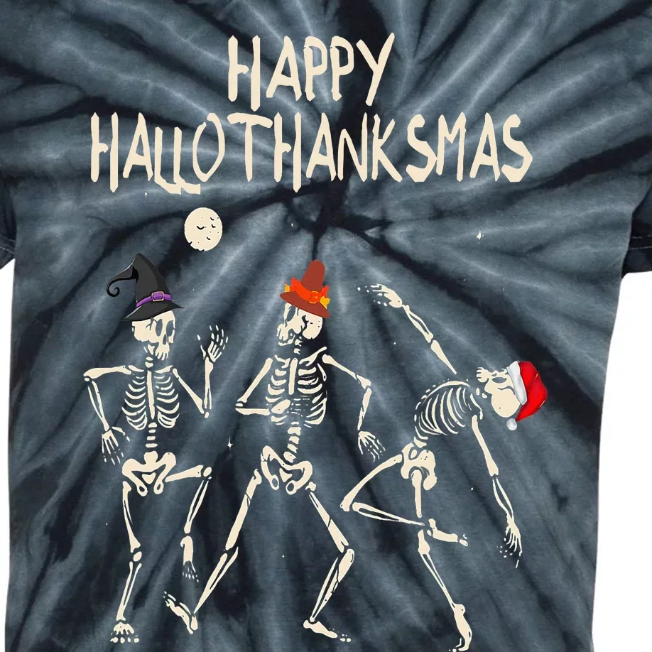 Hallothanksmas Skeleton Christmas Halloween Thanksgiving Fun Kids Tie-Dye T-Shirt