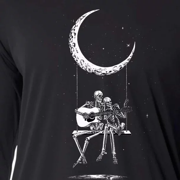 Halloween Skeleton Couple Guitar Moon Band Rock And Roll Cooling Performance Long Sleeve Crew