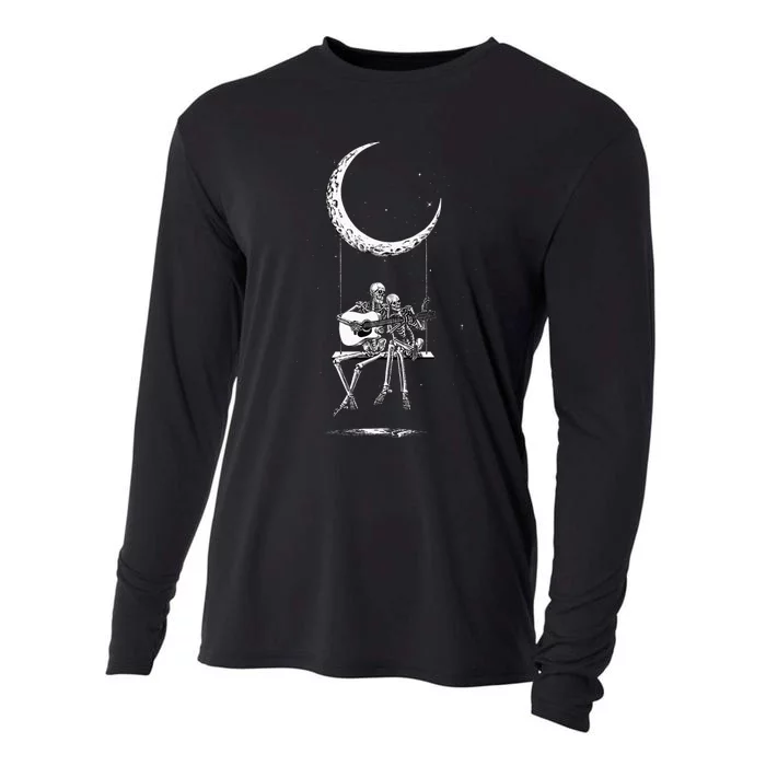 Halloween Skeleton Couple Guitar Moon Band Rock And Roll Cooling Performance Long Sleeve Crew