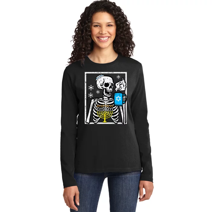 Hanukkah Skeleton Coffee Chanukah Jewish Festival Ladies Long Sleeve Shirt