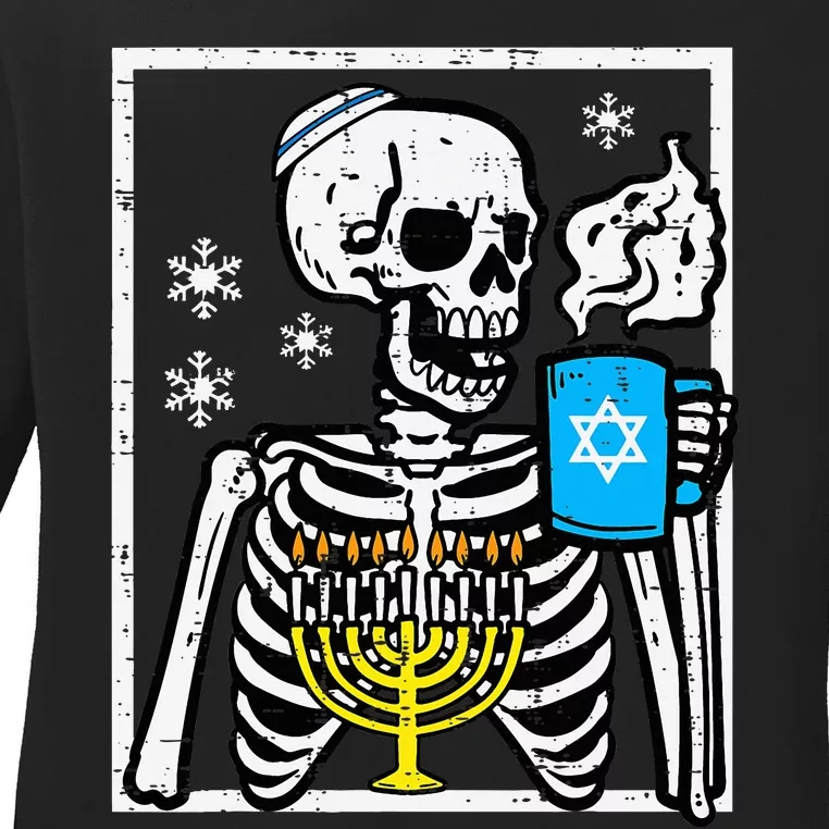 Hanukkah Skeleton Coffee Chanukah Jewish Festival Ladies Long Sleeve Shirt