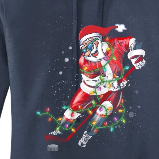 Hockey Santa Claus Christmas Tree Lights Pajama Great Gift Women's Pullover Hoodie