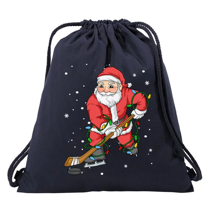 Hockey Santa Claus Christmas Tree Lights Pajama Gift Drawstring Bag