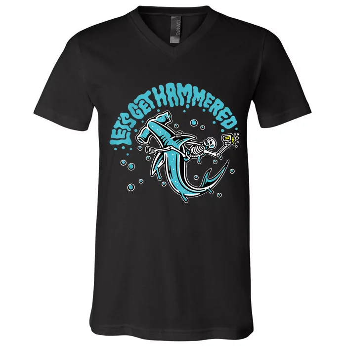 Hammerhead Shark Drinking Pun Let's Get Hammered Party V-Neck T-Shirt