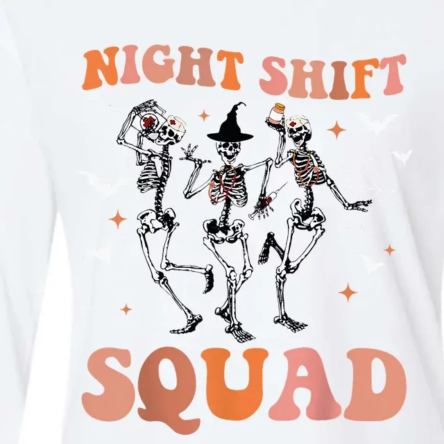 Halloween Skeleton Dancing Nurse Night Squad Shift Womens Cotton Relaxed Long Sleeve T-Shirt