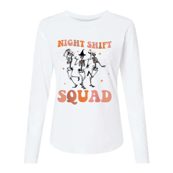 Halloween Skeleton Dancing Nurse Night Squad Shift Womens Cotton Relaxed Long Sleeve T-Shirt