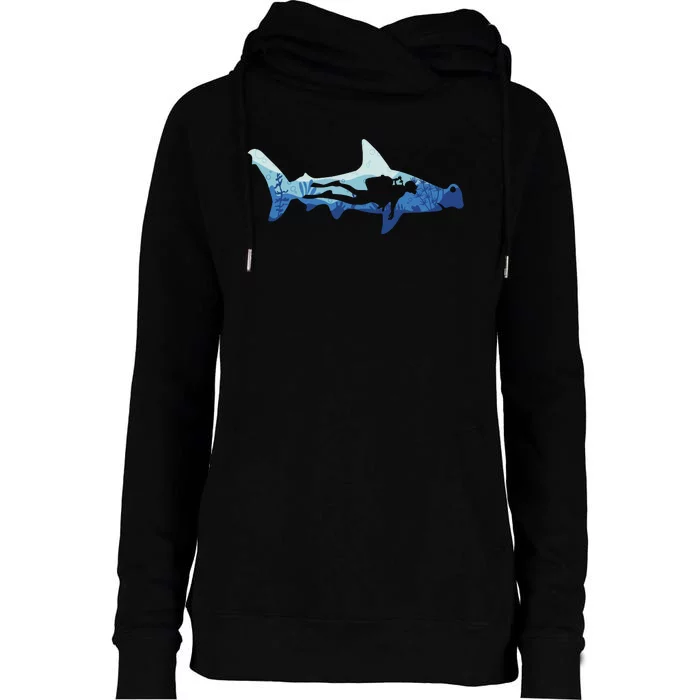 Hammerhead Shark Diver Ocean Womens Funnel Neck Pullover Hood