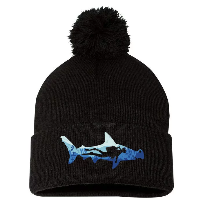 Hammerhead Shark Diver Ocean Pom Pom 12in Knit Beanie