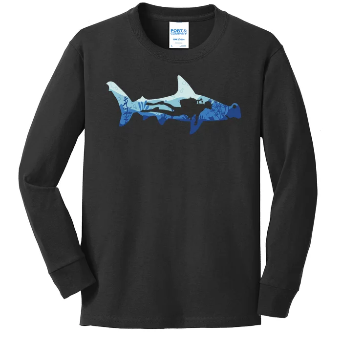 Hammerhead Shark Diver Ocean Kids Long Sleeve Shirt