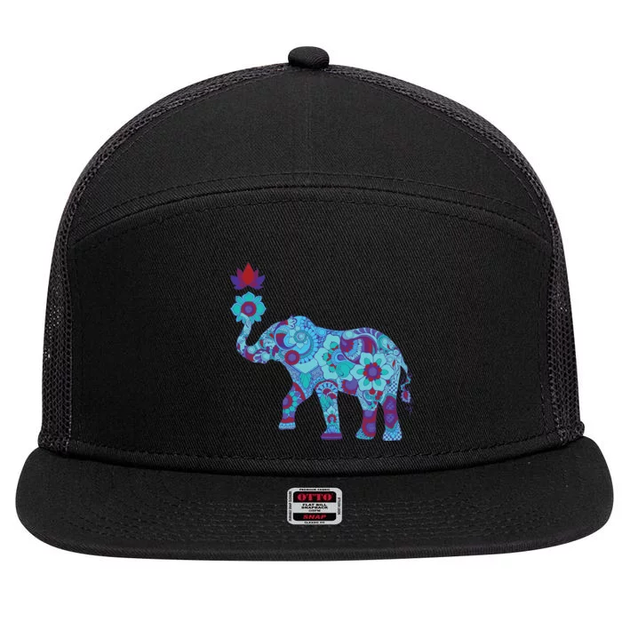 Henna Styled Elephant Lotus Flower Save The Elephants 7 Panel Mesh Trucker Snapback Hat