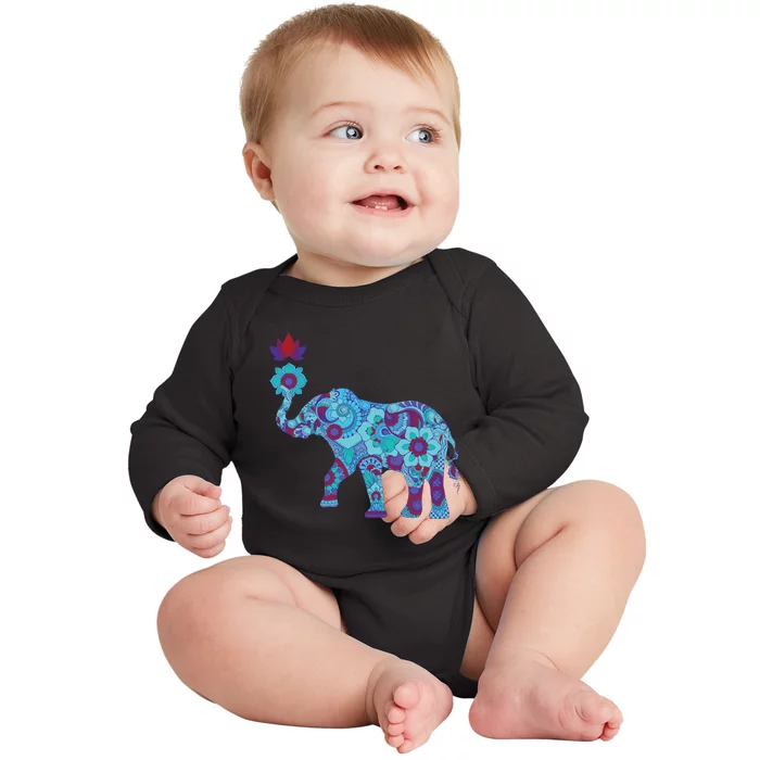 Henna Styled Elephant Lotus Flower Save The Elephants Baby Long Sleeve Bodysuit