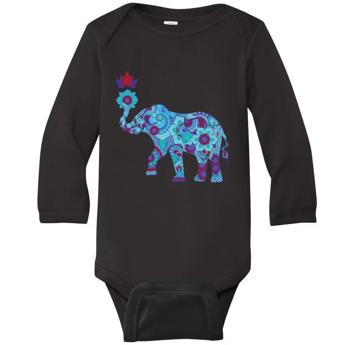 Henna Styled Elephant Lotus Flower Save The Elephants Baby Long Sleeve Bodysuit