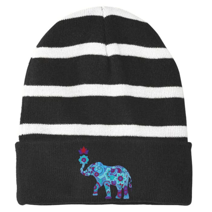 Henna Styled Elephant Lotus Flower Save The Elephants Striped Beanie with Solid Band