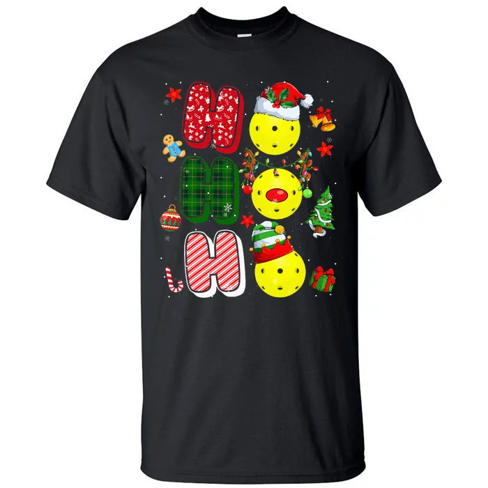 Hohoho Santa Elf Reindeer Pickleball Balls Xmas Tree Lights Tall T-Shirt