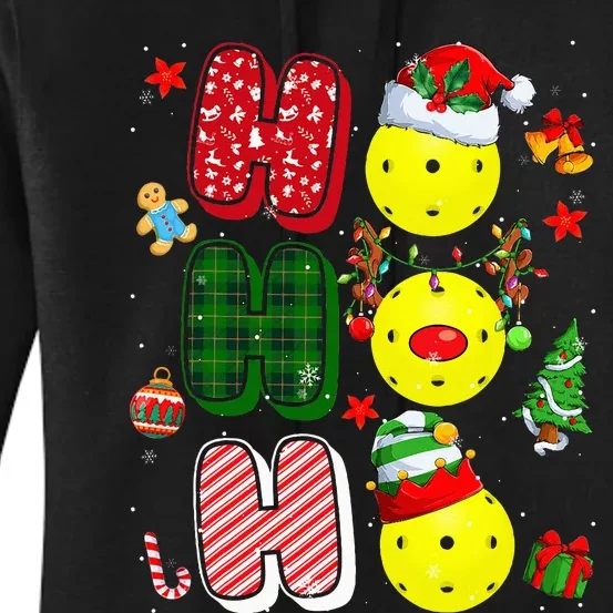 Hohoho Santa Elf Reindeer Pickleball Balls Xmas Tree Lights Women's Pullover Hoodie