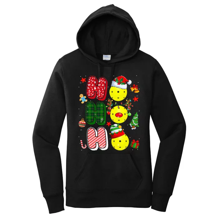 Hohoho Santa Elf Reindeer Pickleball Balls Xmas Tree Lights Women's Pullover Hoodie