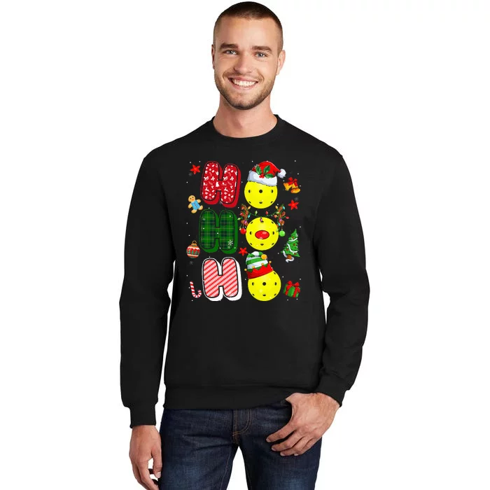 Hohoho Santa Elf Reindeer Pickleball Balls Xmas Tree Lights Tall Sweatshirt