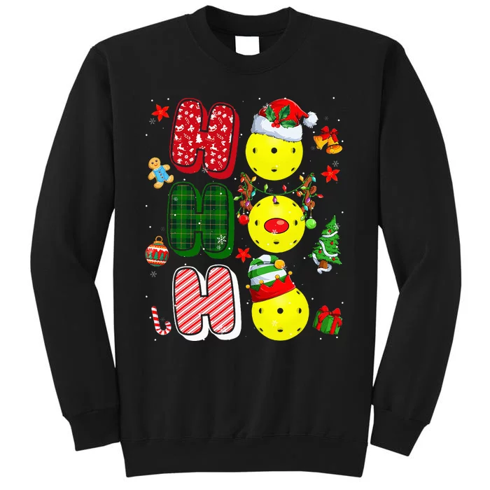 Hohoho Santa Elf Reindeer Pickleball Balls Xmas Tree Lights Tall Sweatshirt