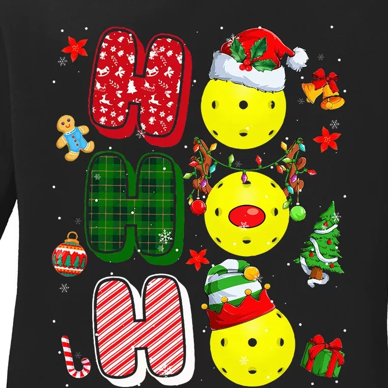 Hohoho Santa Elf Reindeer Pickleball Balls Xmas Tree Lights Ladies Long Sleeve Shirt