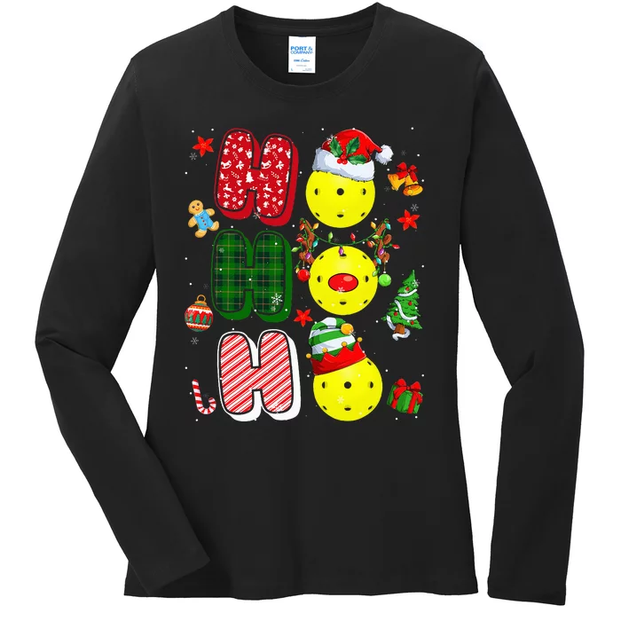 Hohoho Santa Elf Reindeer Pickleball Balls Xmas Tree Lights Ladies Long Sleeve Shirt