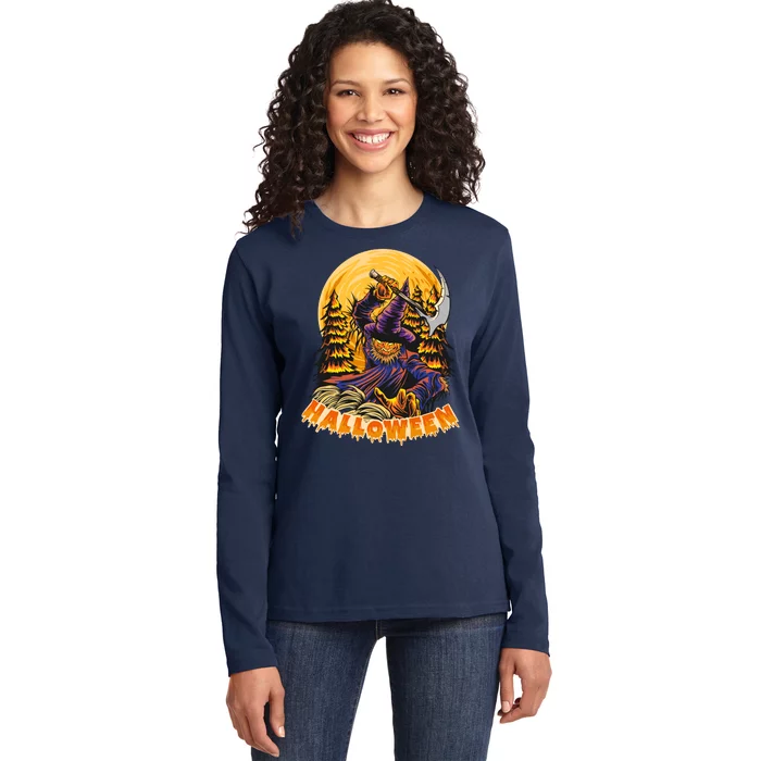 Halloween Scary Evil Pumpkin Ladies Long Sleeve Shirt