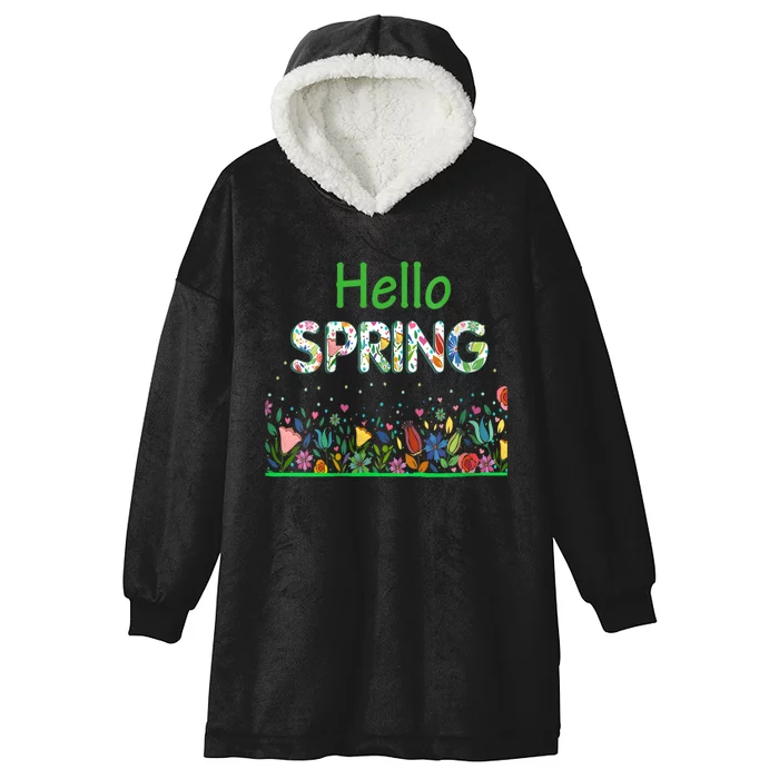 Hello Spring Flowers Bloom Floral First Day Of Spring Saying Hooded Wearable Blanket