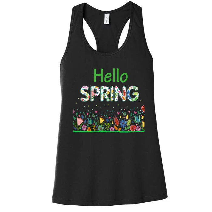 Hello Spring Flowers Bloom Floral First Day Of Spring Saying Women's Racerback Tank